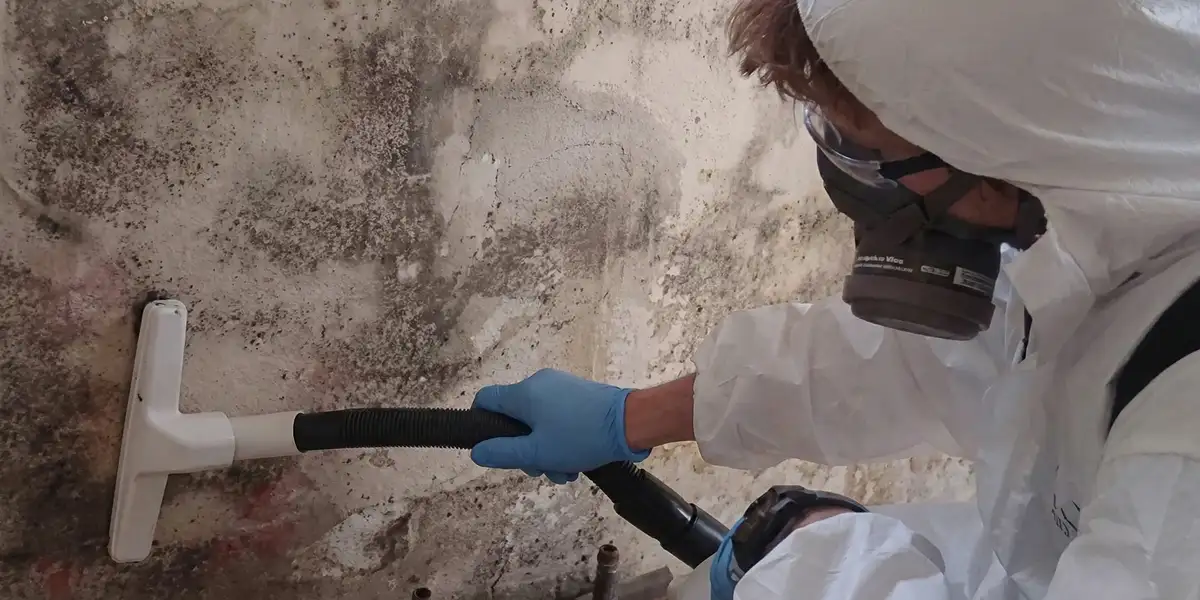 professional mold removal technician wearing protective equipment removing mold from a wall in Oakland, CA